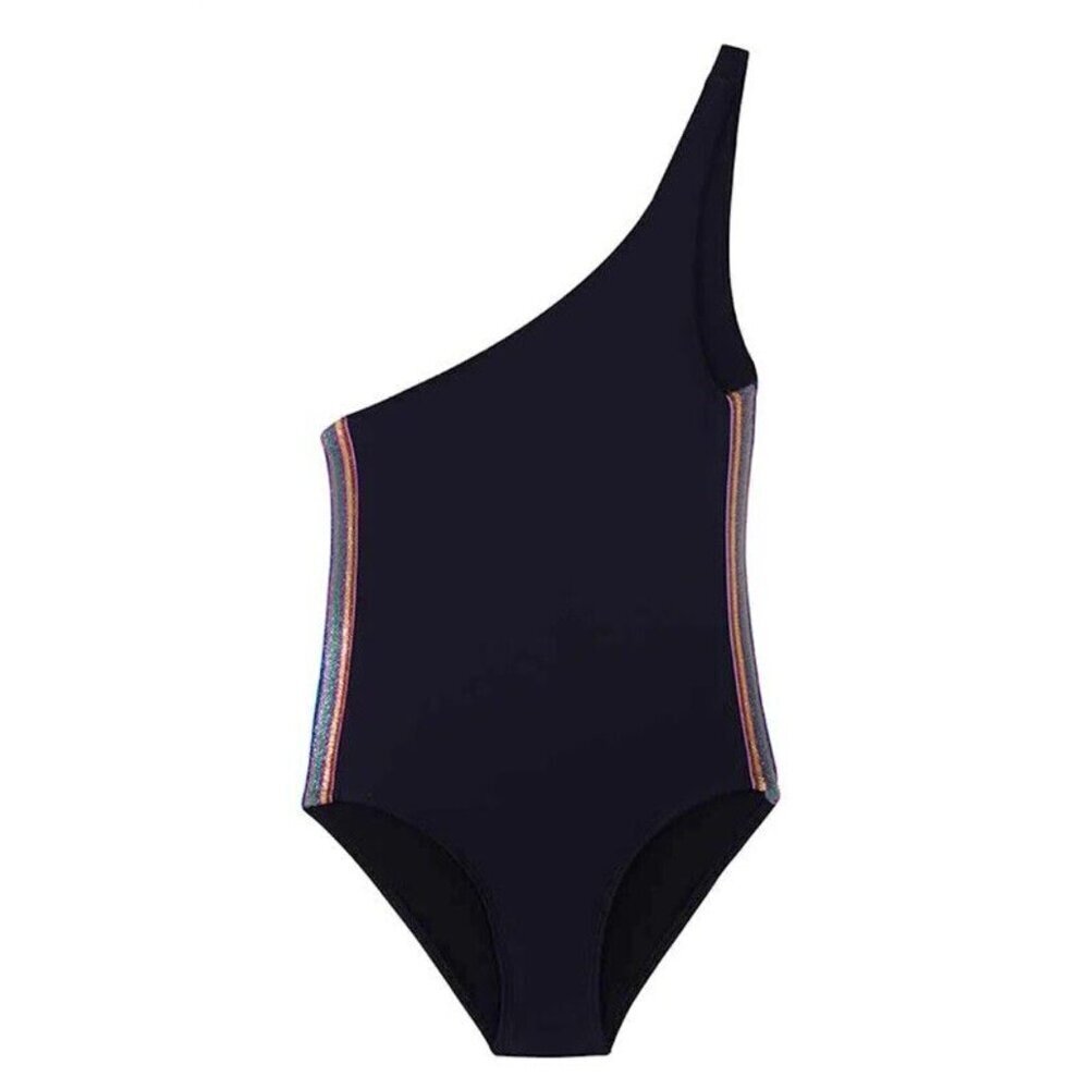 PilyQ Girls One Shoulder One Piece Swimsuit in Midnight / Gold Rainbow NWT